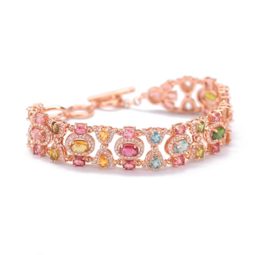 Women Jewelry Set Gaia Goddess Style Natural Looking Bracelet with Diamond Rose Ring Rainbow Color