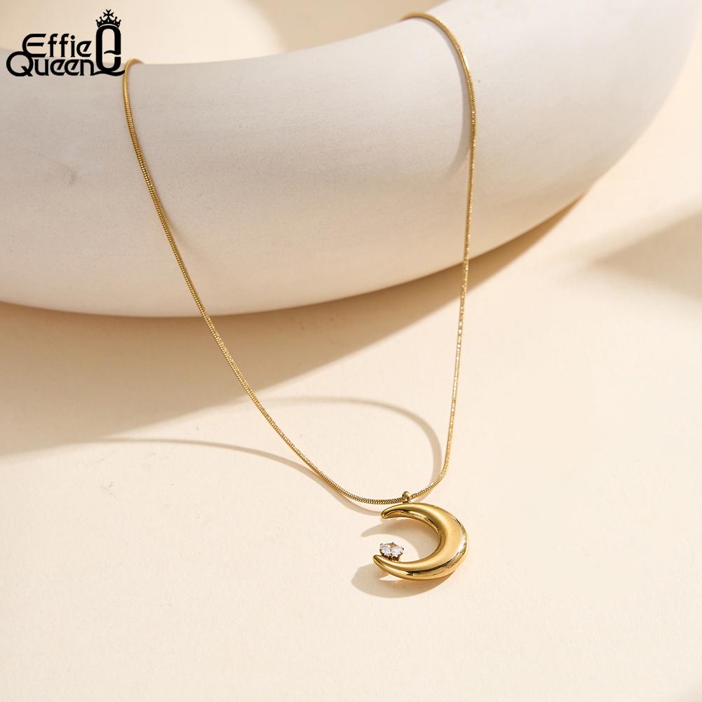 EFFIE QUEEN Fashion New Design Moon Pendant Chain Necklace Jewelry 18k Gold Plated Stainless Steel Zircon Choker Chain STKN19