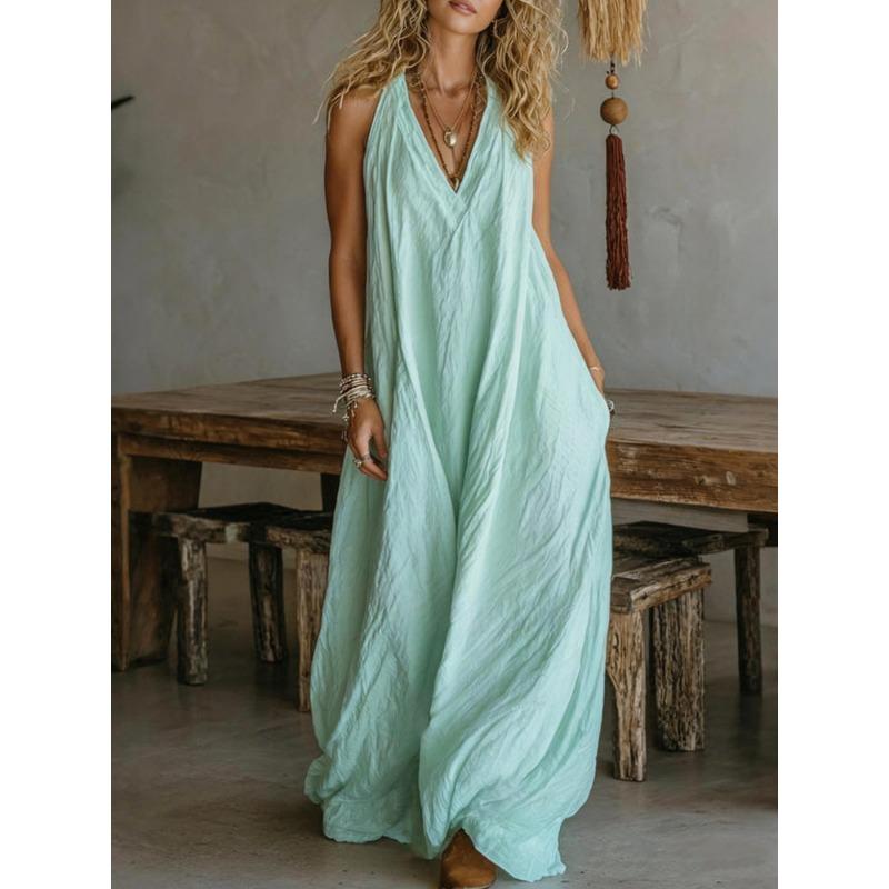 Robe Longue d'Été Sans Manches Col en V Dos Nu en Mélange Lin Coupe Ample Bohème Robe de Plage