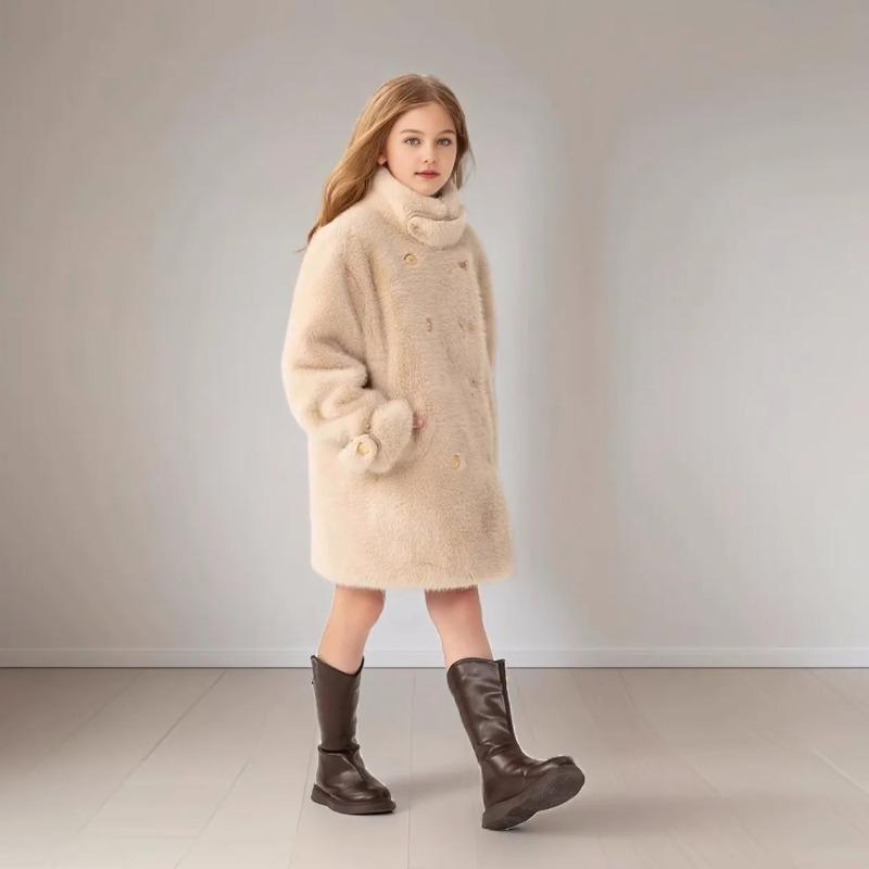 Winter Warm Girls Fashion Double-Breasted Cotton Lined Faux Fur Jackets School Kid Thick Coat Children Outfit Windbreaker