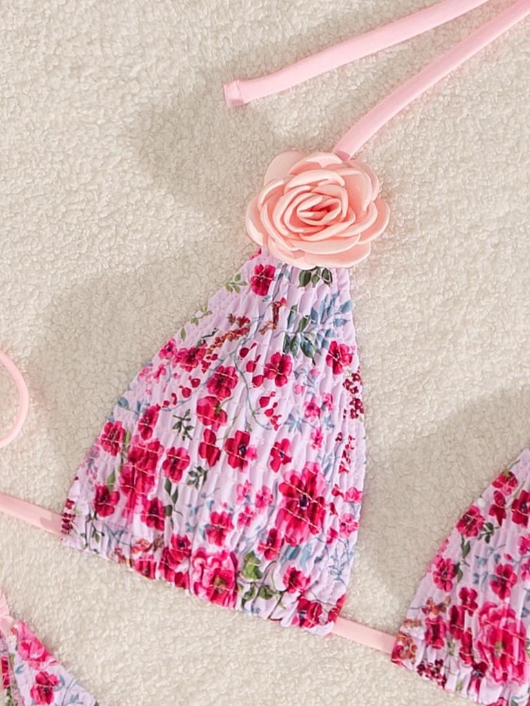 2024 Trendy Pink Two-Piece Bikini with 3D Floral Design - Women's Backless and Tie-Up Swimsuit