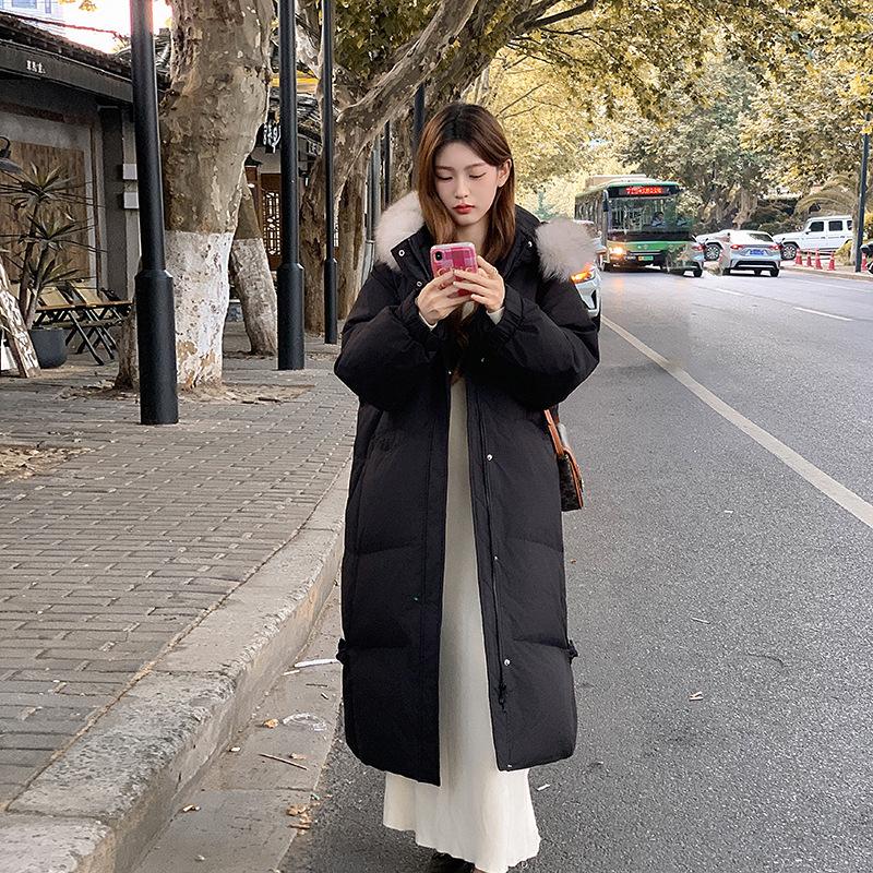 

New girlfriend cotton clothes women s medium and long big fur collar winter thickened over knee hem Chinese knot style jacket M чёрный