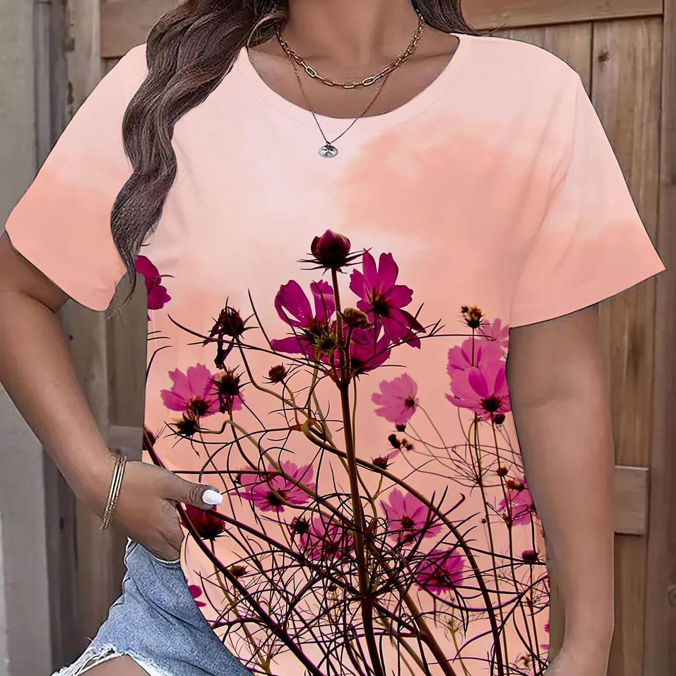 Стиль Цветок Бабочка Градиент Цифровой Печатный Короткий Рукав Повседневный Свободный — фото 4