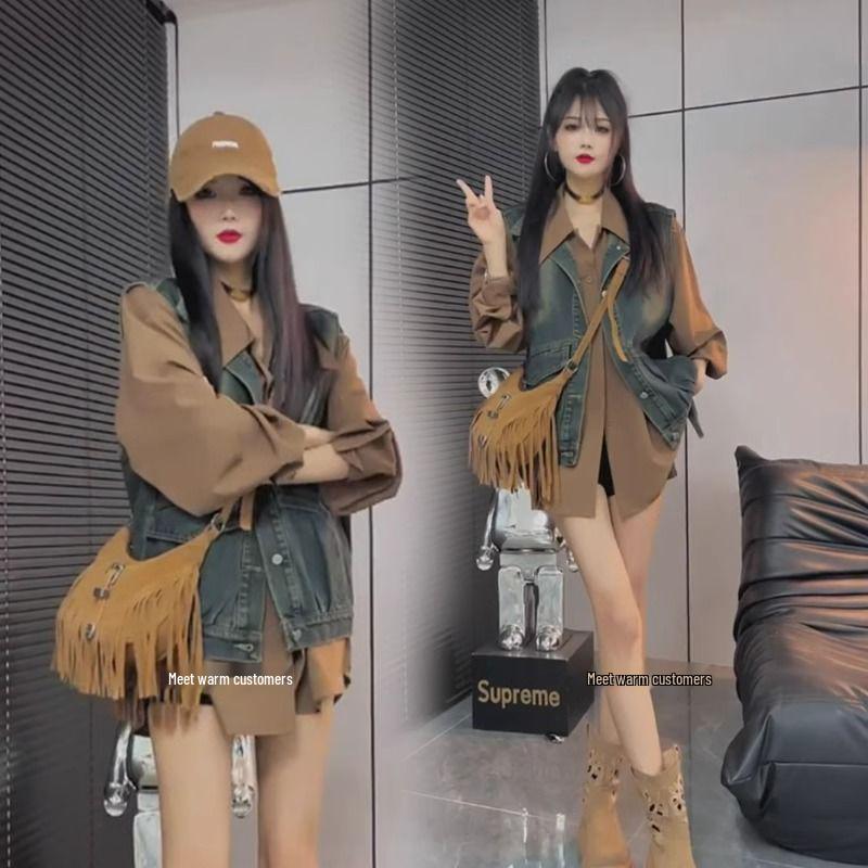 

Европейский стиль, приталенный джинсовый жилет и рубашка для женщин - Коллекция начала осени L (Recommended 110-120 lbs)