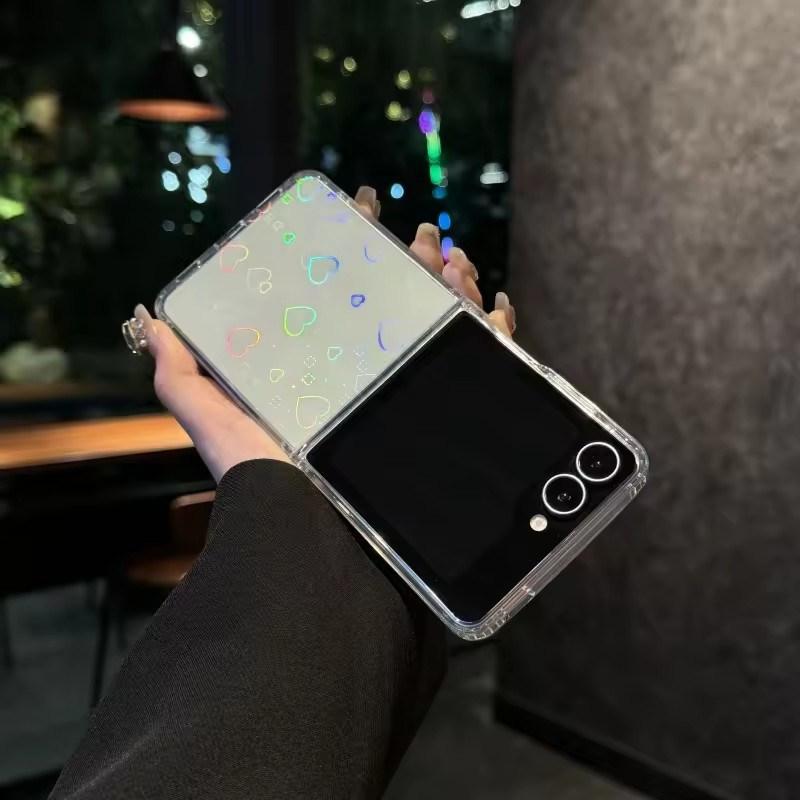 Gradient Laser Love Heart Pattern Clear Phone Case For Samsung Galaxy Z Flip 7 6 5 4 3 Zflip7 FE Glitter Bling Shockproof Cover