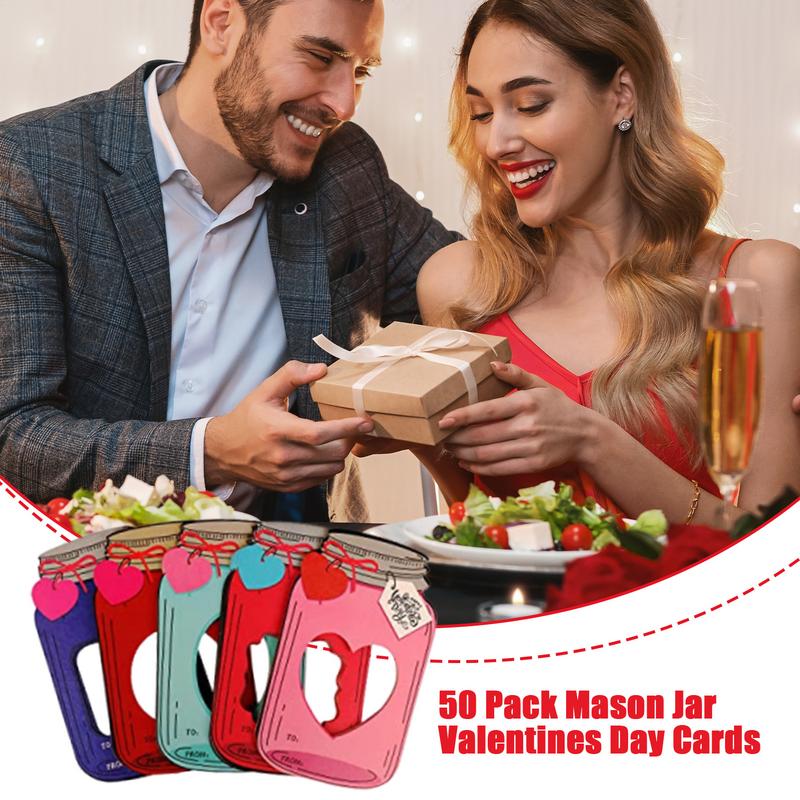 50Pcs Mason Jar Valentines Day Cards Macarons Kraft Paper Happy Valentines Cards Sturdy Retro Blank Greeting Cards for New Years