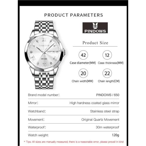 PINDOWS Men's Diamond Business Dress Analog Quartz Watch, Luxury Waterproof Luminous Date Display, Two-Tone Stainless Steel Band, Classic Fashion Men'