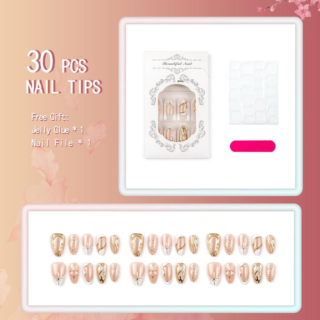 30-teilige Katzenauge Mandelform Edelstein 3D Vergoldete Französische Kante Falsche Nägel