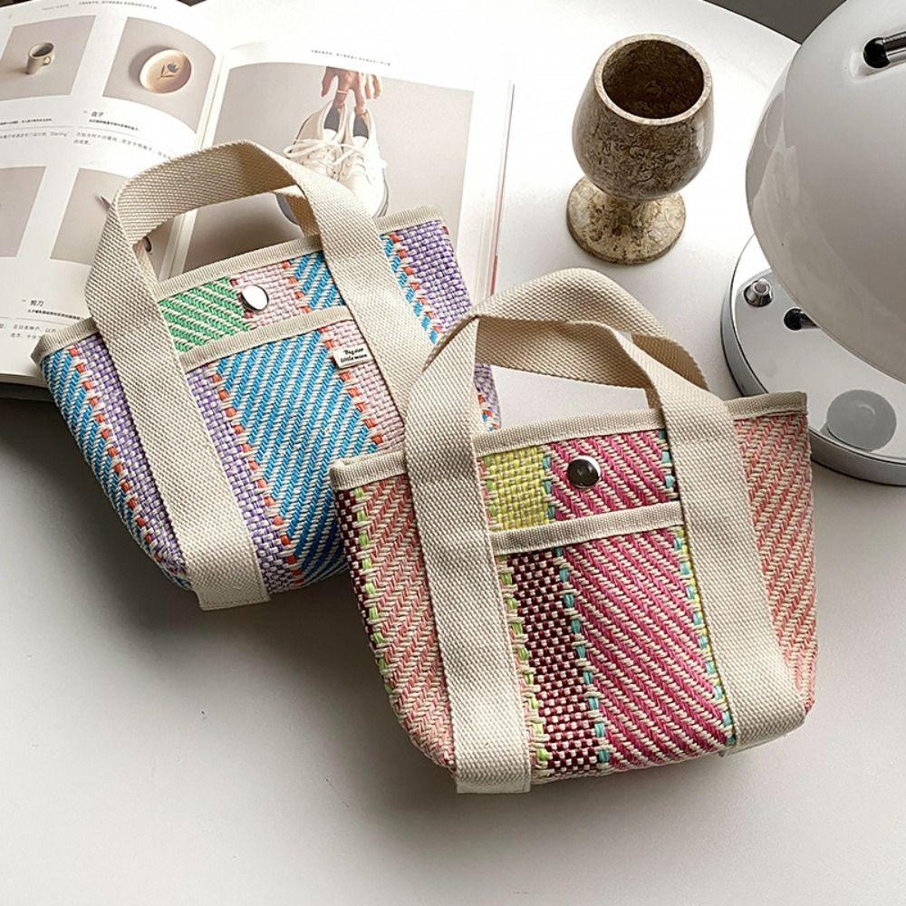 Large Capacity Straw Bag Stripe Tote Bag Practical Lunch Bag  for Home