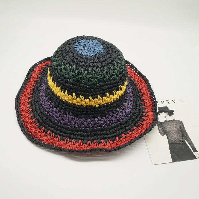 Hyunya Style Japanese Export Colorful Striped Hand-Woven Straw Hat Women'S Summer Sunshade Resort Beach