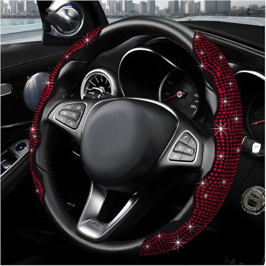 2PCS Steering Wheel Cover, Sparkling Rhinestone Segmented Steering Wheel Protector Fit 14-15.6 Inch, Non-Slip Wheel Wrap Cover Bling Car Interior
