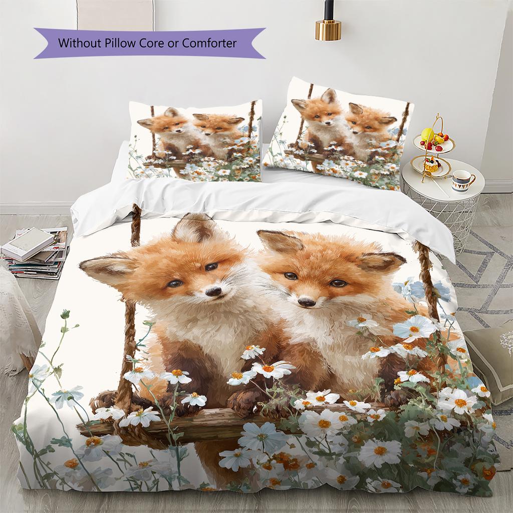 Biancheria da letto con motivo volpi e fiori Decorazione per la casa Regalo di compleanno (1 * copripiumino + 2 * federa, senza nucleo)
