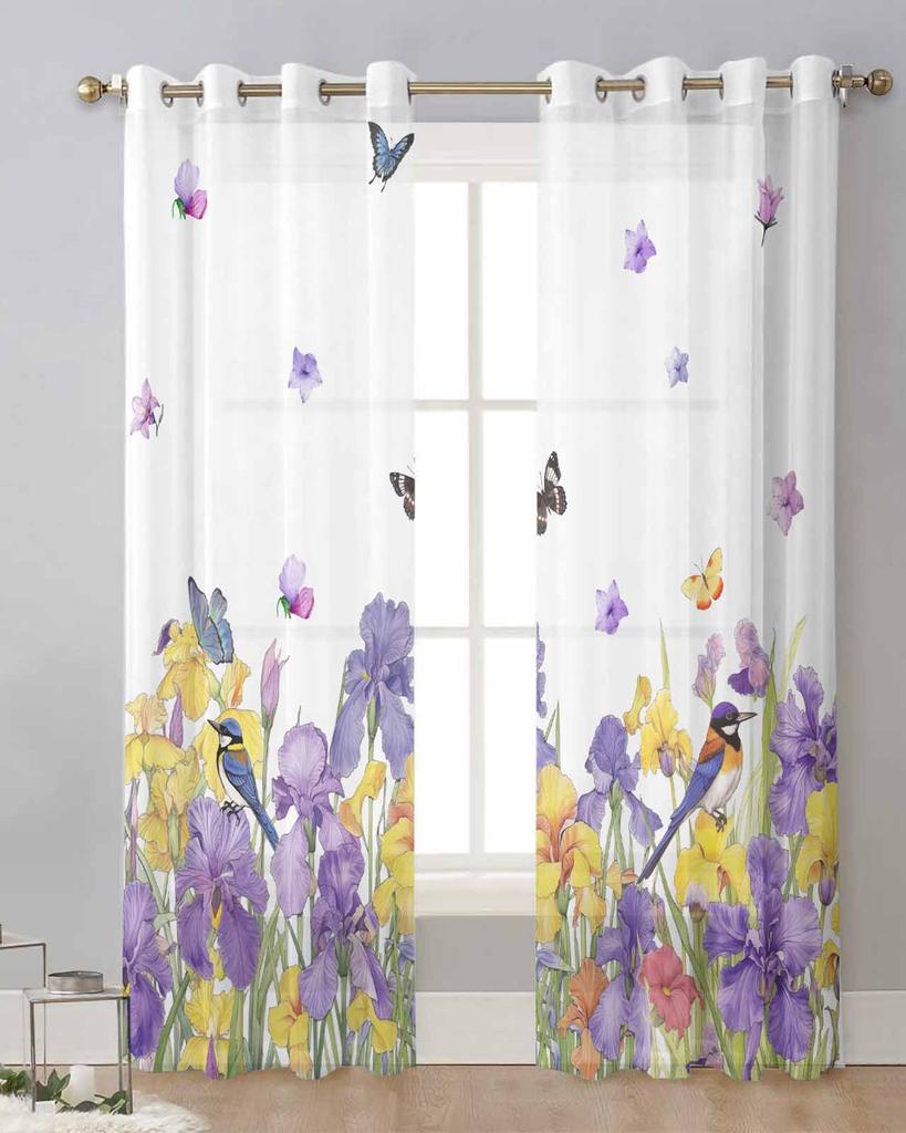 Spring Iris Watercolor Butterfly Sheer Curtains for Living Room Decoration Window Curtains Kitchen Tulle Voile Organza Curtains