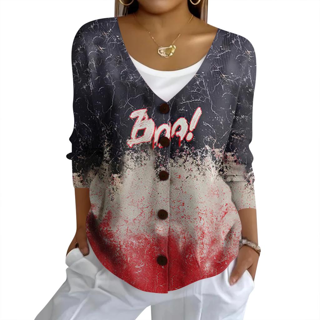 Women's Fashion Casual Knit Sweater Button-Up Halloween Printed  Cardigan Jacket