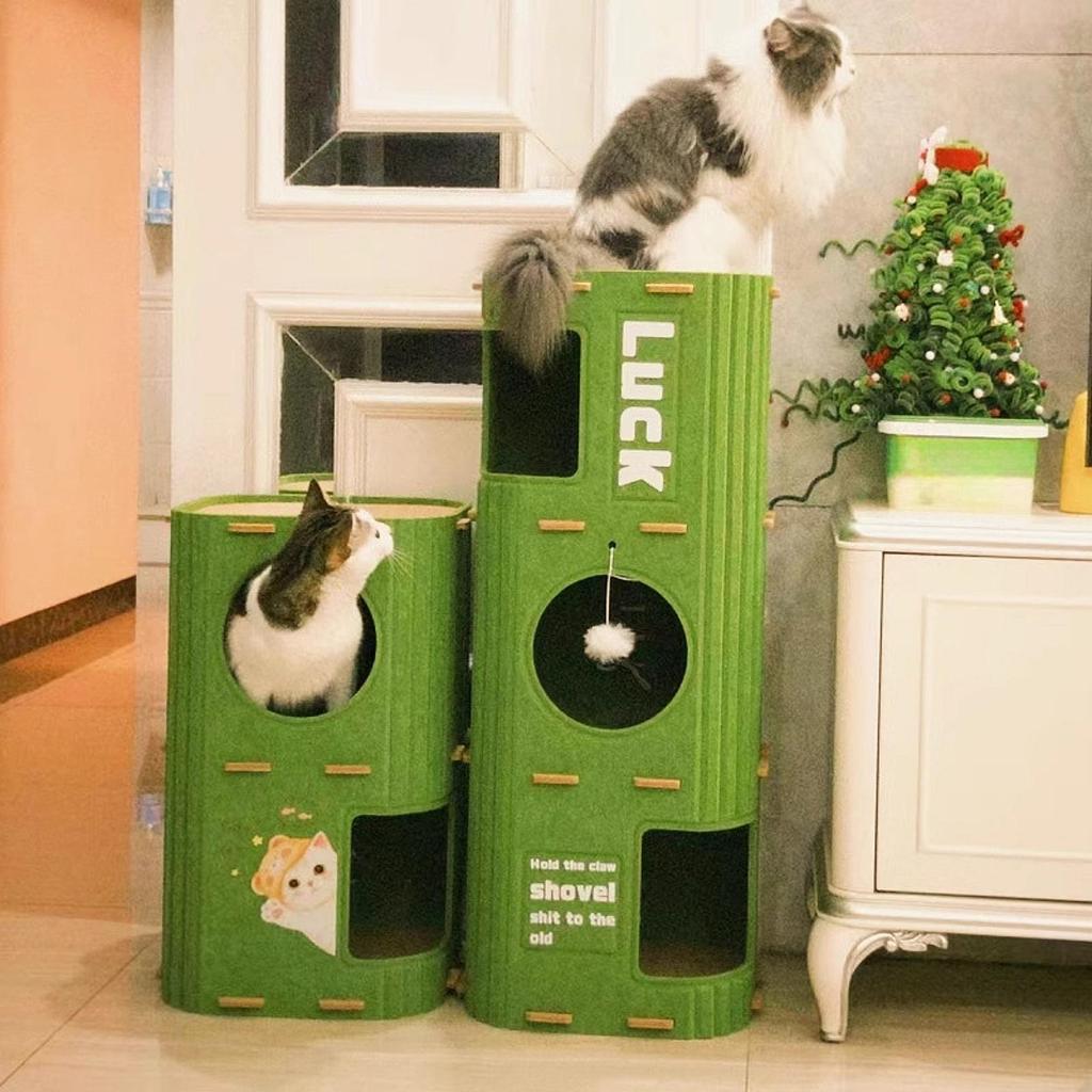 2-3 Tiers Cat House Enclosed Hut Cat Climbing Tree Kitten Scratching Post W/ Hanging Ball Toy for Cats Sleeping Resting Playing