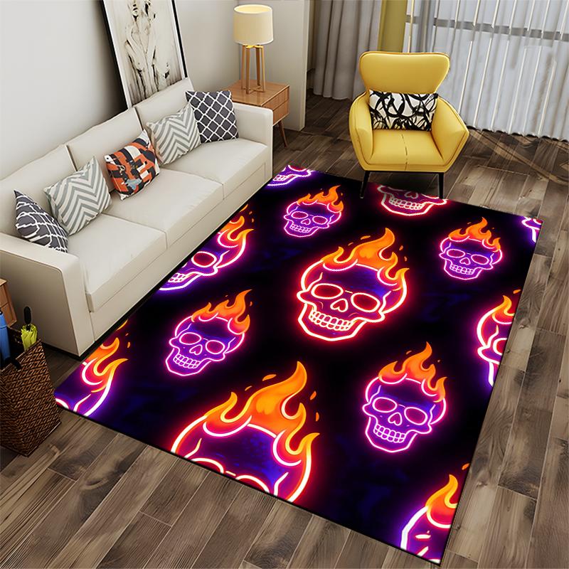 "Flaming Skull Neon Art Carpet, Bright Modern Decor, Black Base" Suitable for use as an anti-slip for living room bedroom sofas