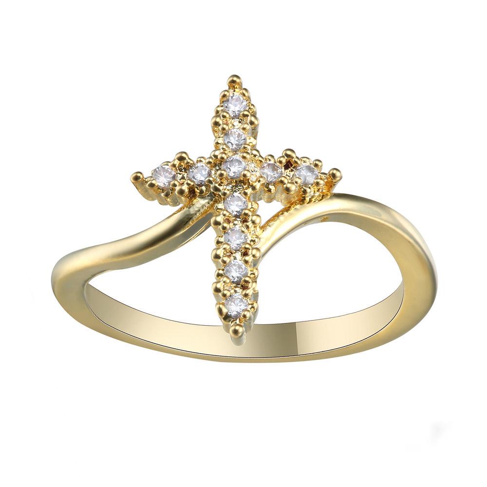 Gold Cross Ring with Zirconia for Women - Elegant European and American Light Luxury Fashion Jewelry. Size 8