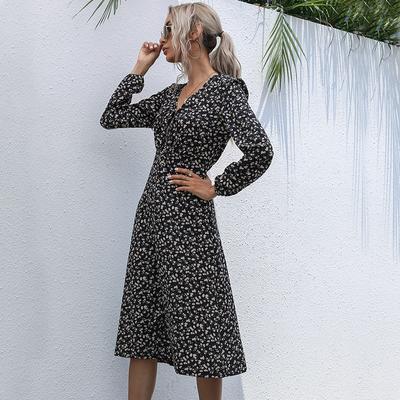 Fashion Women's Black Lace-Up Split Long Sleeve Floral Dress