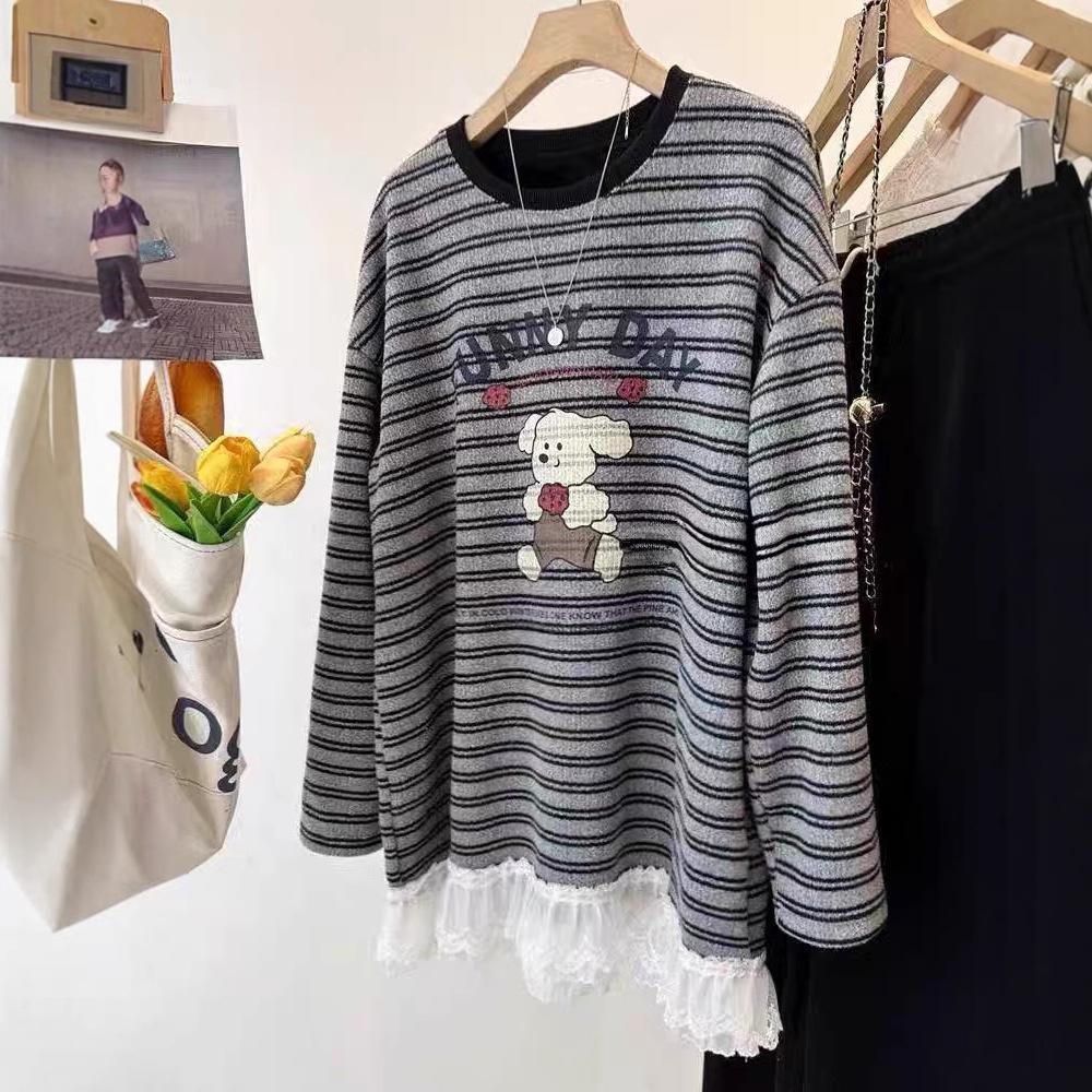 

Plus Size Cartoon Lace Hem Striped T-Shirt for Women - Autumn/Winter L