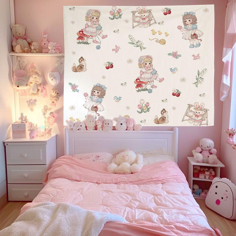 Kawaii Pink Teddy Bear Tapestry Wall Hanging Dessert Cupcake Sweet Girly Aesthetic Wall Art Bedroom Girls Room Decor