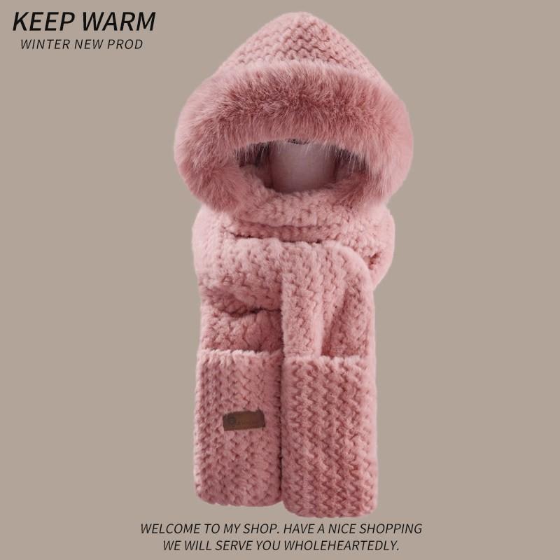 Womens Winter Warm Fleece Hat Scarf Gloves Set With Hood Ear Protection Cute Cartoon Design