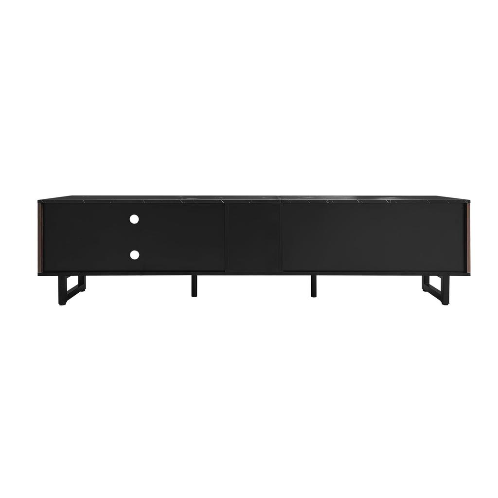 TV Cabinet, with LED Lighting, Marble Look & Wood Grain Doors, 2 Doors & 2 Drawers, Modern Lowboard for Living Room
