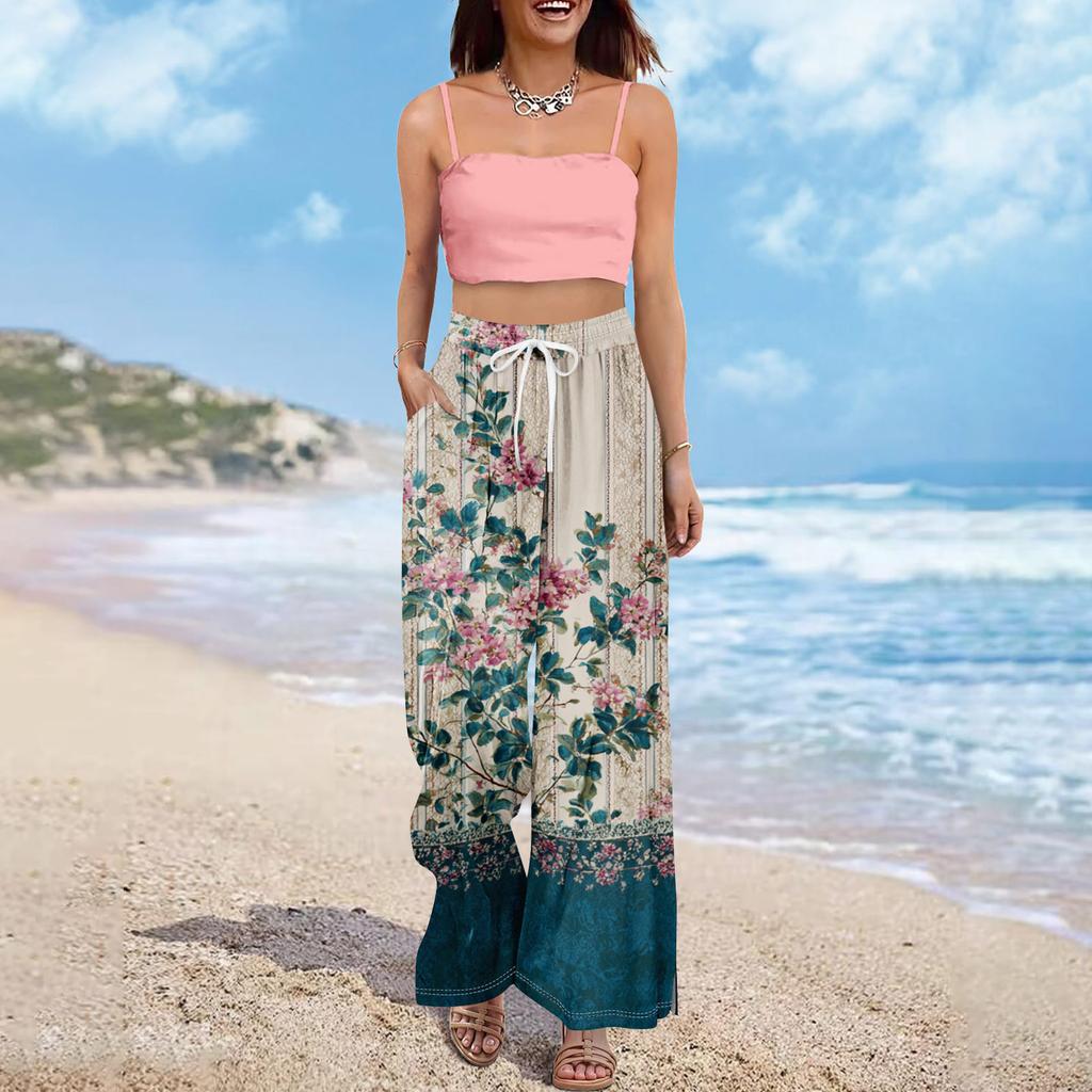 Dames zomer boho palazzo broek met hoge taille, wijde pijpen en bloemenprint, casual broek met zakken