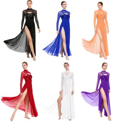 Ladies Sequin Long Sleeve Lyrical Dance Dress Mesh Tulle Flowy Maxi Long Dress Built In Briefs Performance Wear