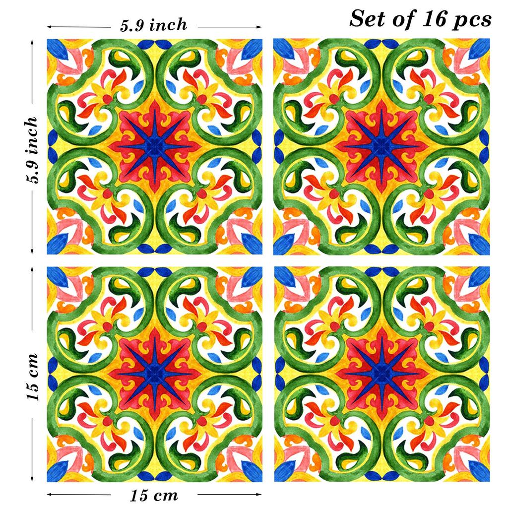 Poromoro Portuguese Spanish Azulejo Tile Stickers Peel and Stick Kitchen Bathroom Mosaic Tile Stickers Set of 16 & (5.9,2)