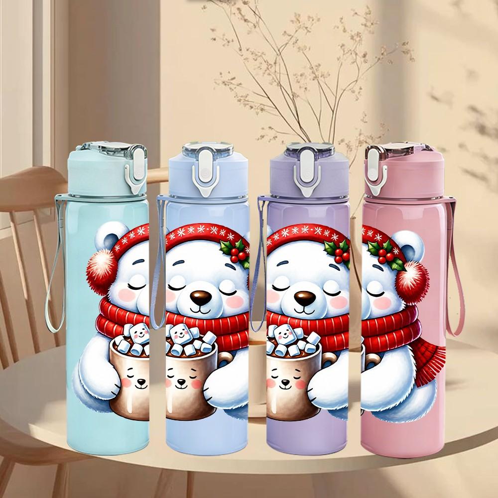 1PC Polar Bear Winter Mug 750ml Color Plastic Sports Water Bottle Leakproof Flip Straw Lid Suitable for Sports Office Home Use