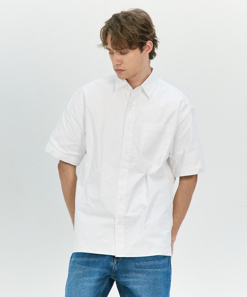 BASIC HOUSE Oxford Semi-Overfit Short Sleeve Shirt White Lzws3101