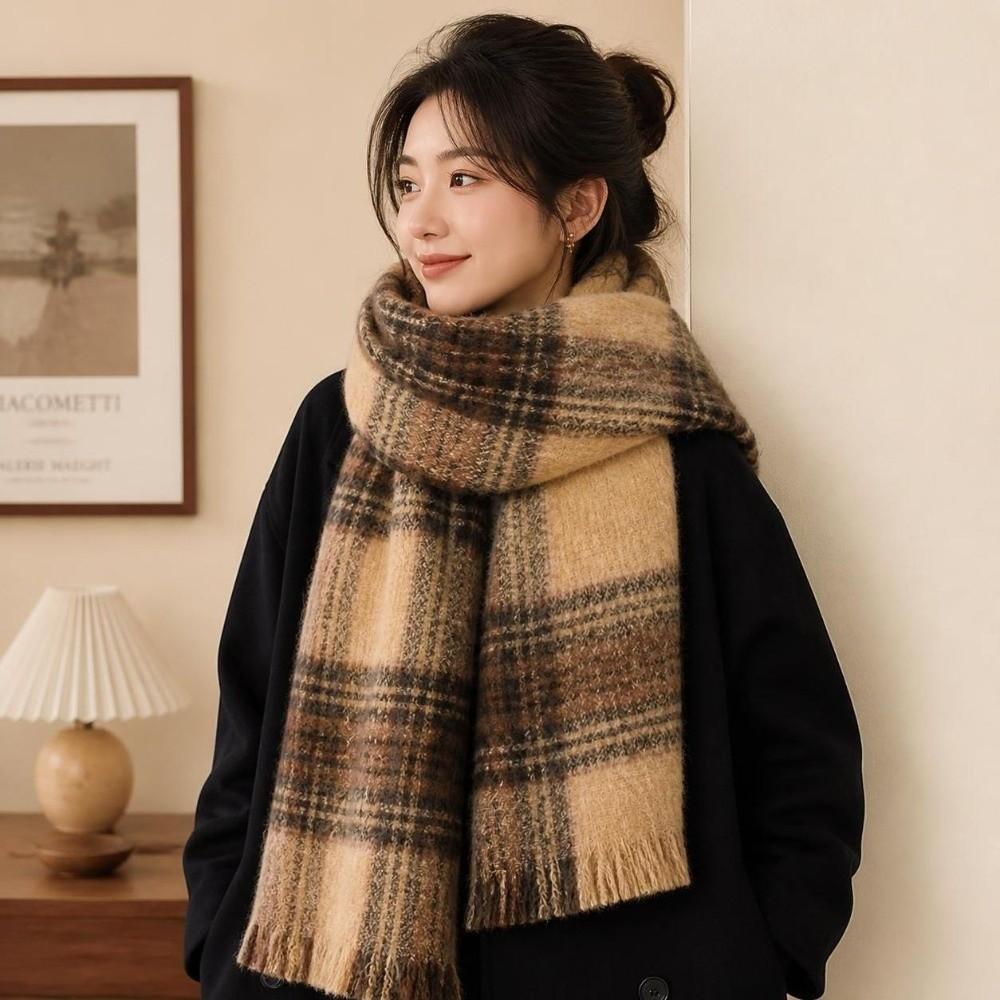 Warm Fleece Tassel Scarf Windproof Fall Winter Shawl Wrap Versatile Mohair Plaid Scarf  Girls