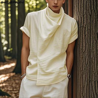 Men High Swing Collar Short Sleeve Cotton Casual T-shirts Tops