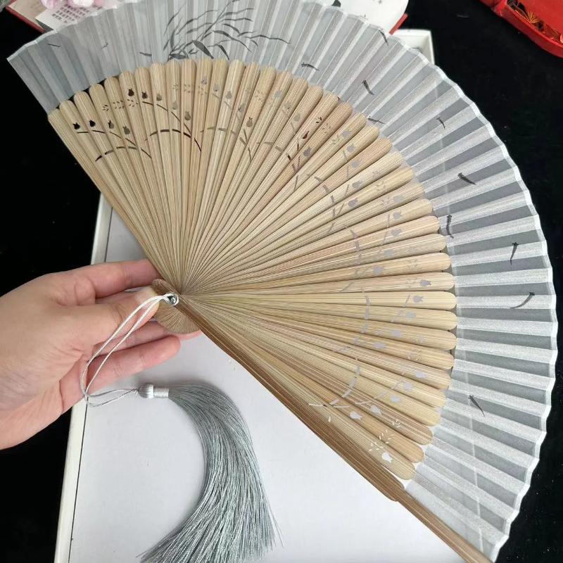 Vintage Antique Folding Fan Bamboo Ribs Carved Hollow Women Gilr Hanfu Cheongsam Performance Dance Fan Summer Portable Hand Fan