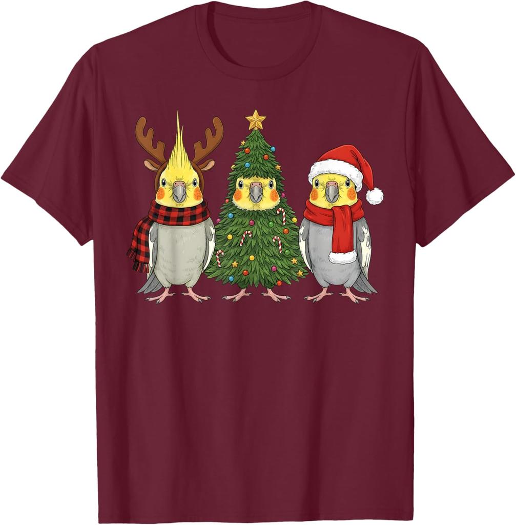 Funny Cockatiel Christmas T-Shirt Santa Reindeer Parrot Graphic Tee Unisex Casual Cotton Print
