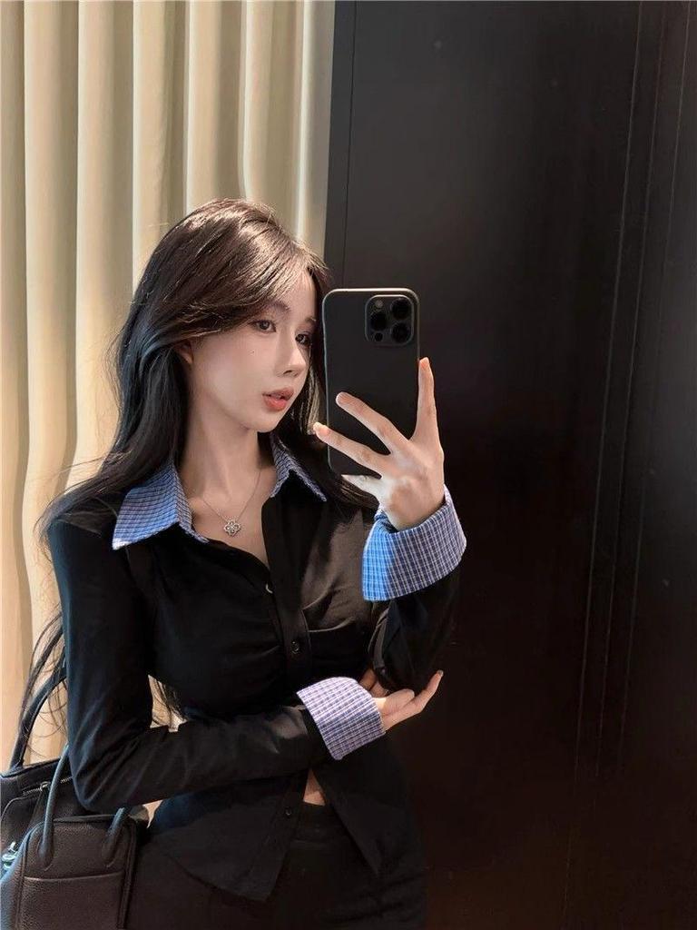 Chic Pleated Patchwork Long Sleeve T-Shirt - Slim Fit Autumn Fashion for Women