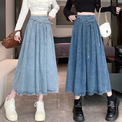 Spring Autumn  High Elastic Waist Long Denim Skirt for Women Streetwear Lace-up Blue Maxi Jeans Skirts Female