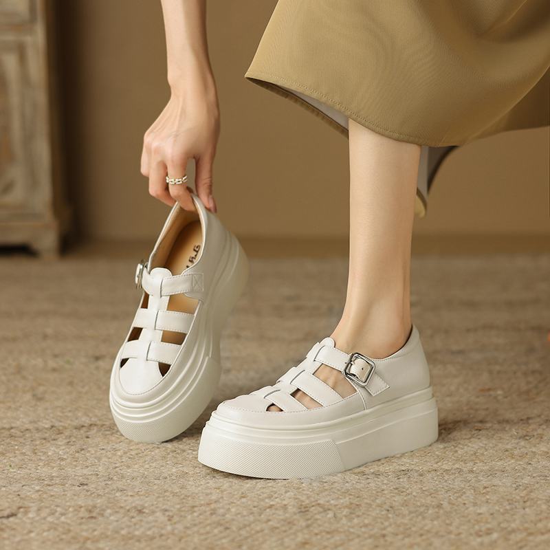 Krazing Pot Baskets en cuir véritable pour femme, chaussures décontractées, printemps, automne, été, plateforme, sangles à boucle, couleur argent