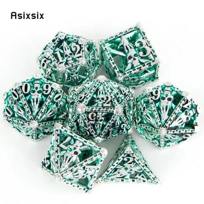 7 pçs prata verde mão crânio cabeça metal dados oco metal poliédrico conjunto adequado para rpg jogo de cartas de tabuleiro