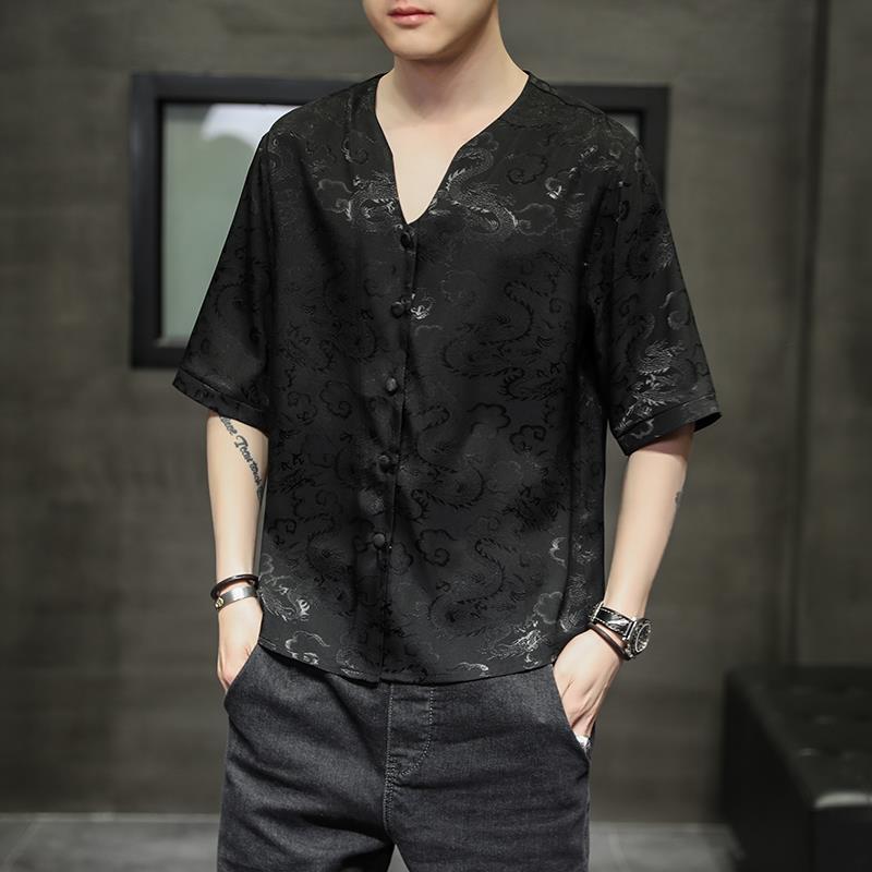2024 New Summer Chinese Style Dark Flower Ultra-thin Ice Silk Short Sleeved Shirt China-Chic Oversize Loose Casual Men's T-shirt
