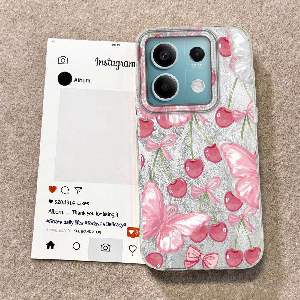 Pink Fruit Cherry Butterfly Feather Texture Phone Case for Xiaomi Mi 13T 14T Pro 11 Lite NE 5G Couple Shell Silicone Bags Cover