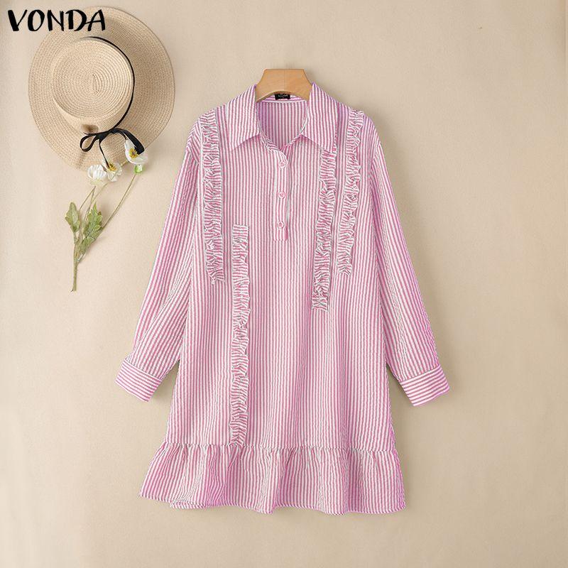 VONDA Women Casual Loose Turn Down Collar Long Sleeve Striped Ruffled Shirt Dress