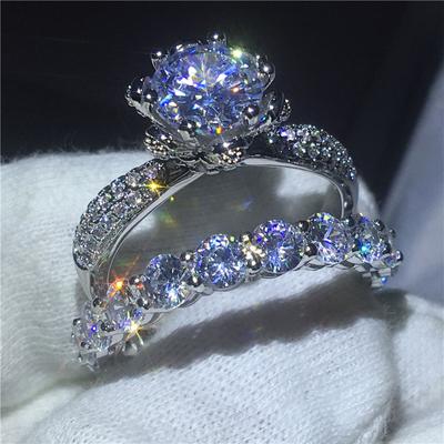 Κοσμήματα λουλουδιών Ασημένιο σετ δαχτυλίδι σε χρώμα Full Zircon Cz πέτρινα δαχτυλίδια γάμου για γυναίκες Δώρο