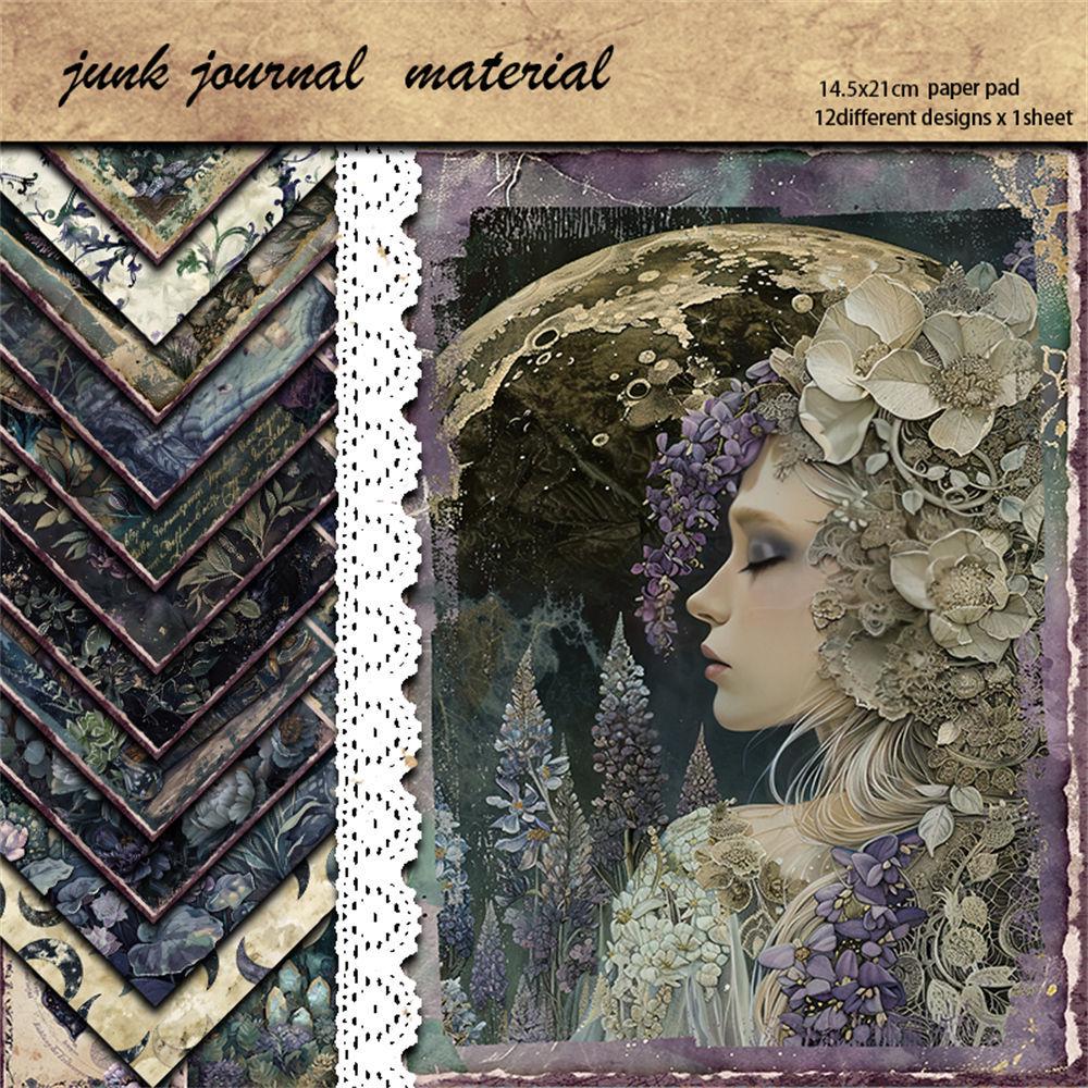 12 Sheets Retro Moonlight Garden Collage Journal Paper & DIY Stickers