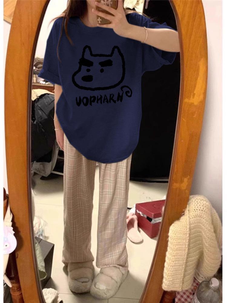 

Женская футболка с коротким рукавом из 100% чистого хлопка серого цвета с мультяшным принтом - Летний топ в шикарном гонконгском стиле L