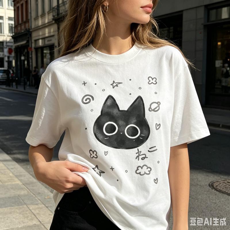 Black Cat Doodle Print Unisex Tshirt Cute Minimalist Cat Graphic Teecasual Sleeveshirt For Streetwear And Cat Loversdailywear