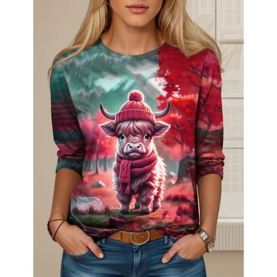 New Women's T Shirt 3D Print Kawaii Animal Graphics Long Sleeve Funny Crew Neck Regular Fit Spring/Fall Thin Style Sweatshirt