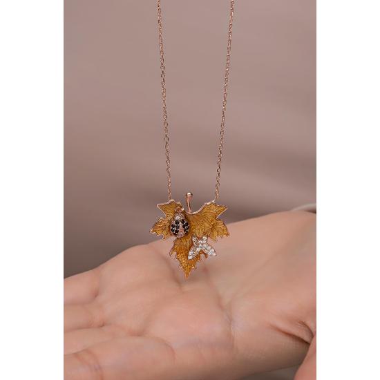 925 Sterling Silver Butterfly and Ladybug Design Sycamore Leaf Necklace