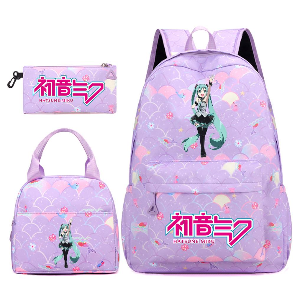 3 Stück/Set Anime Cartoon Hatsune Miku Bedruckter Rucksack Handtasche Federmäppchen für Teenager Schüler Mädchen Jungen Große Kapazität Wasserdicht Schultasche Reisetasche