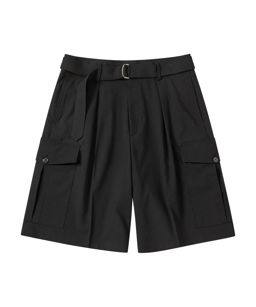BEYOND CLOSET [Collection Line] Belted Detail Washed Wool Cargo Half Pants Black